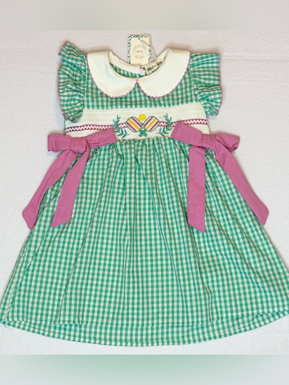 Rylee Faith Designs Pickleball Smocked Dress NWT Size 3T Green Gingham Pink Bows